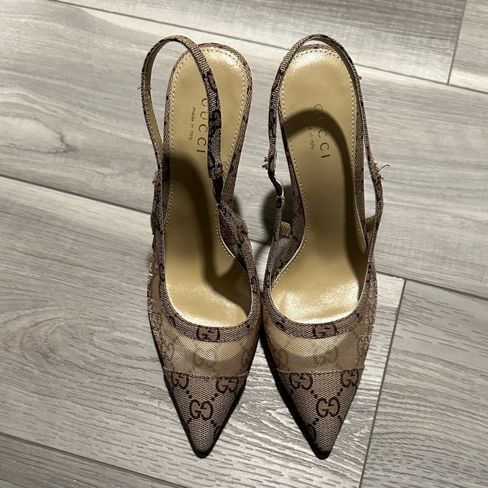 Gucci Beige Monogram Slingback Heels